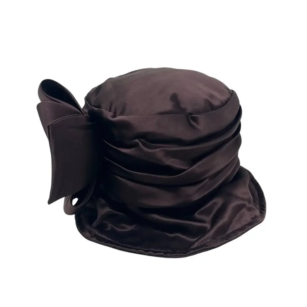 NWT Vintage KOKIN New York Cloche Bucket Hat - Brown Satin - Dramatic Bow 1920s